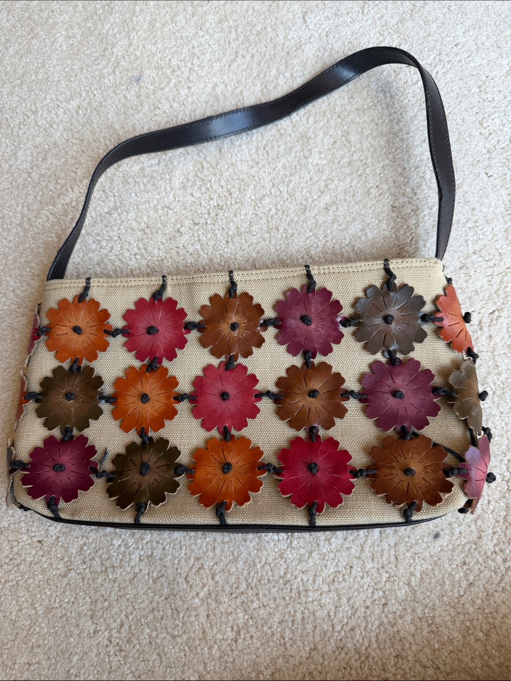 Woven Beige Shoulder Bag with Multicolor Floral Appliqué